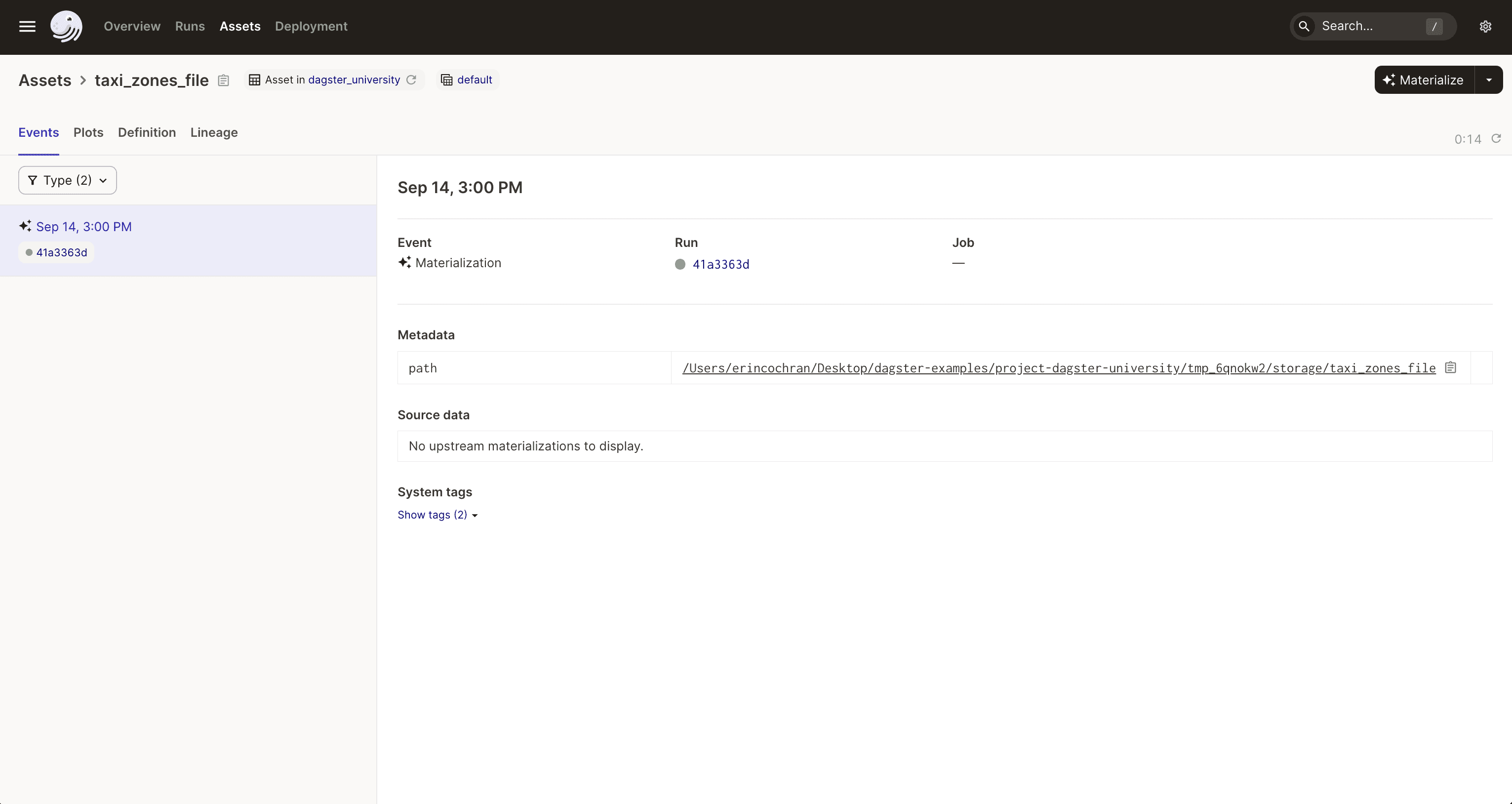 The Asset Details page in the Dagster UI